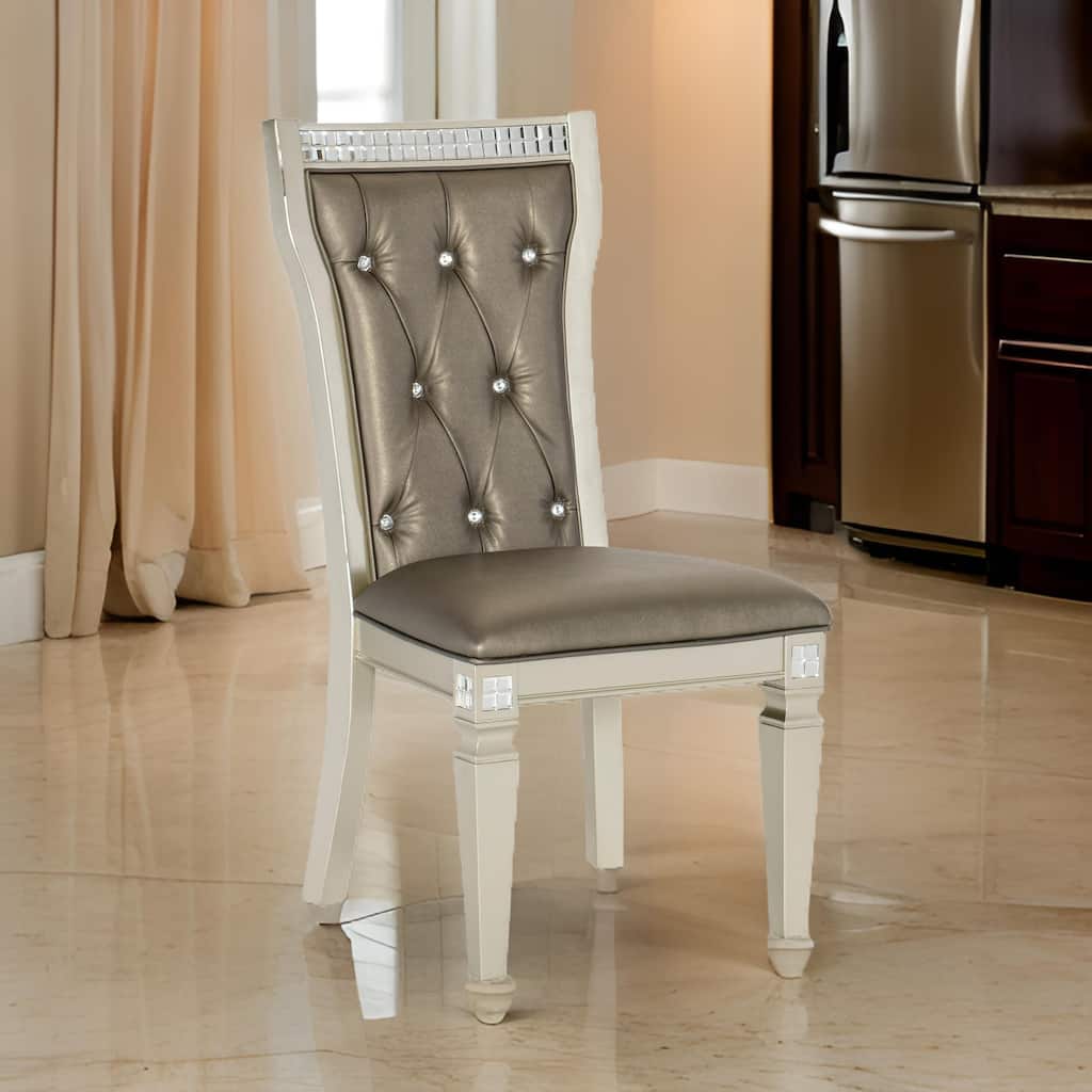 Juhi 21 Inch Side Dining Chairs Set of 2, Mirror Trim Frame, Tufted Gray Faux Leather