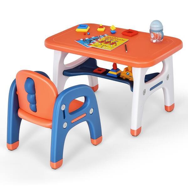 slide 2 of 10, Gymax Babyjoy Kids Study Desk Dinosaur Table & Chair Set w/ Building Orange