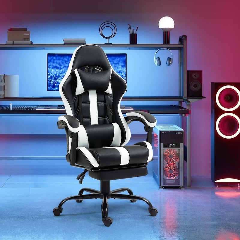 EROMMY RGB LED Gaming Chair with Thickened Massage Lumbar Pillow & Upgraded Footrest, Reclining Ergonomic Chair - White
