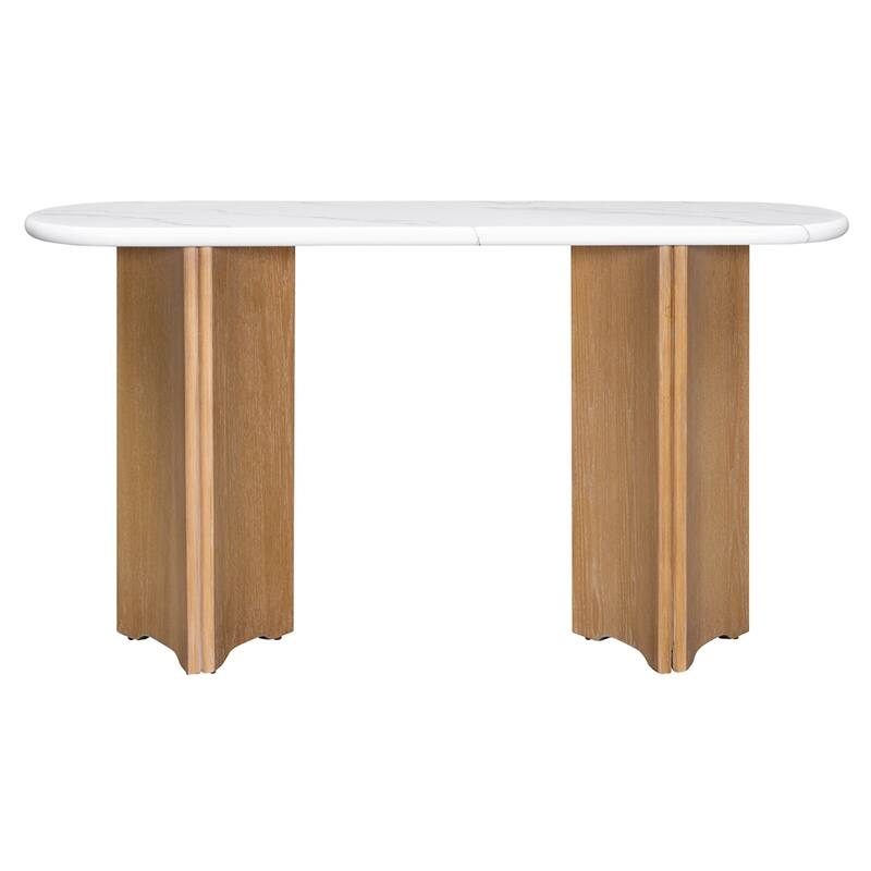 Rustic Sofa Table Narrow Console Table with Oval Faux Marble Top