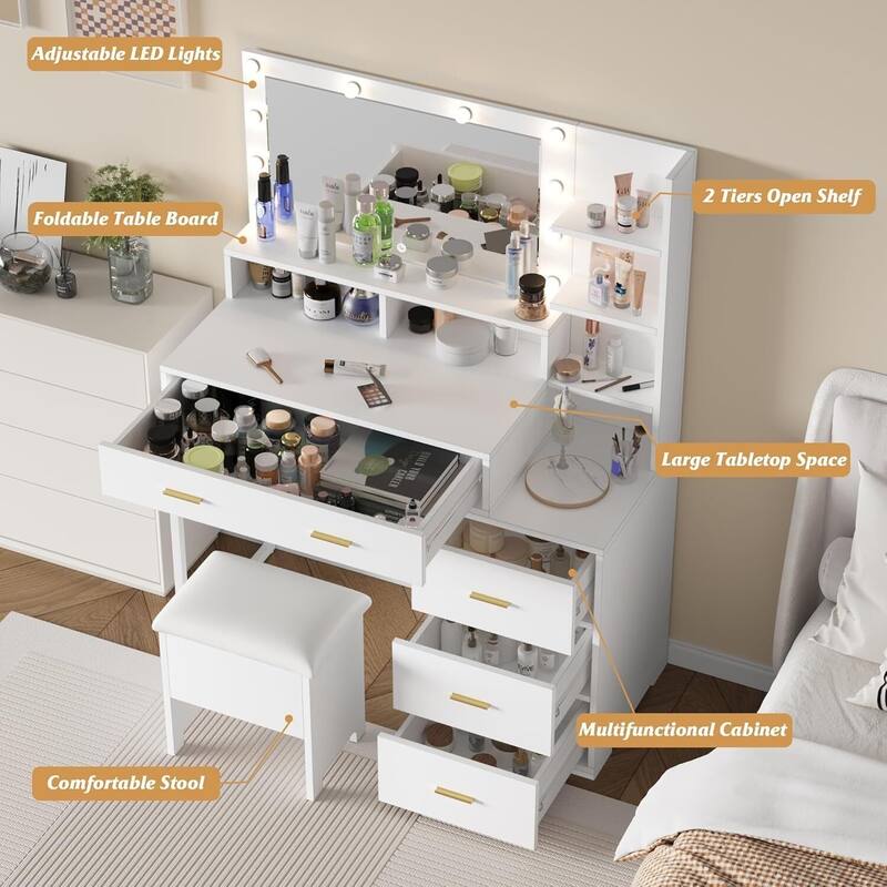 4 Drawers 3 Shelves Dressing Table, Makeup Vanity Desk with Mirror and Lights for Bedroom