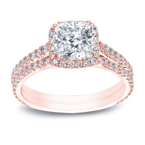 Auriya 14k Gold 2 ctw Cushion-cut Halo Diamond Wedding Ring Set