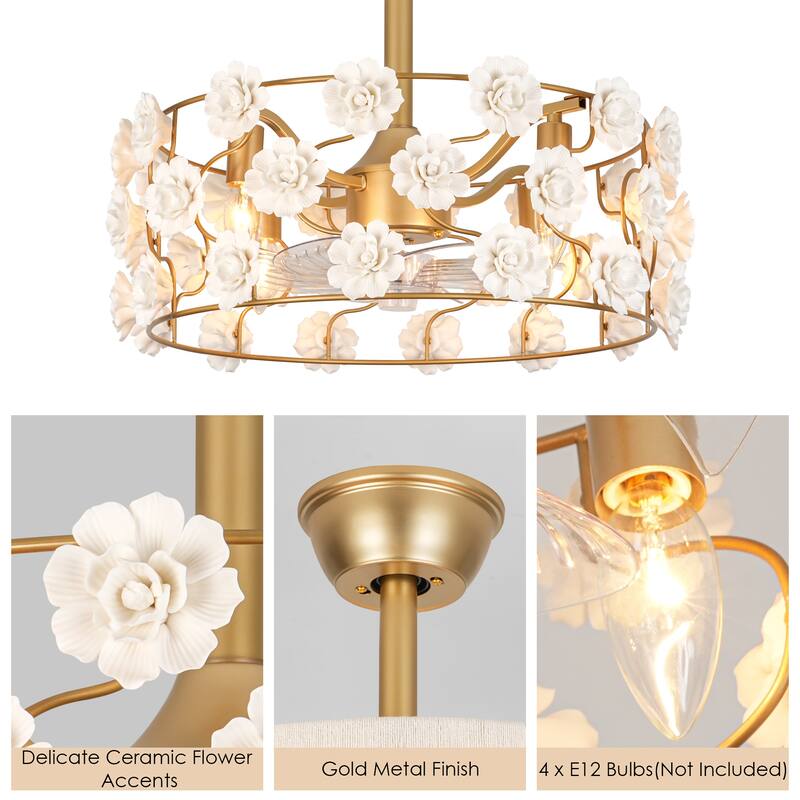 20.5 in. 4-Light Modern Gold Ceiling Fan with Flower Accents and Remote Control - 20.47 in. W x 8.07 in. H