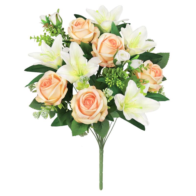 Set of 2 Peach Cream Artificial Mixed Rose Stargazer Lily Flower Stem Bush Bouquet 18in - 18" L x 11" W x 11" DP - Peach Cream - 18" L x 11" W x 11" DP