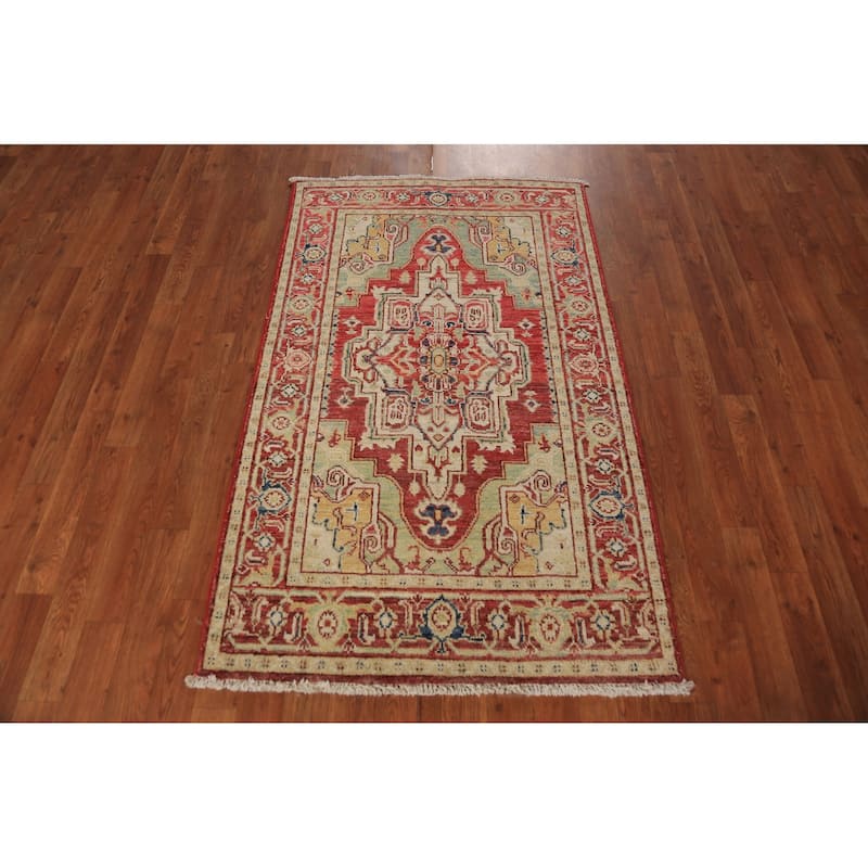 Heriz Serapi Vegetable Dye Accent Rug Geometric Handmade Wool Carpet - 3'0"x 4'10"