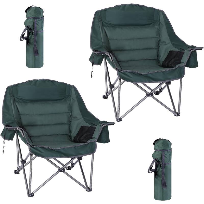 Camping Chair, Padded Camping Chair Cushioned Extra Wide, Cup Holder, and Carry Bag - 2-Pack Green