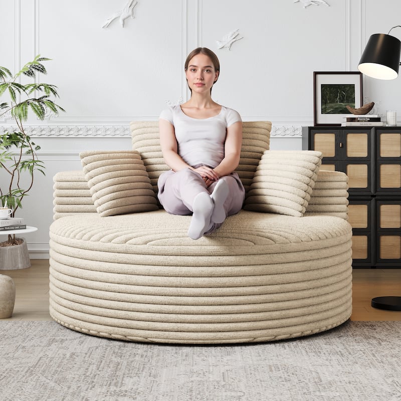 Corduroy Upholstered Single Sofa, Oversized Fluffy Sleeper Chair, Round Reading Chair with Headrest & 2 Pillow