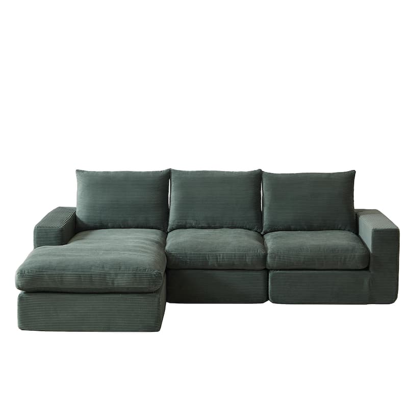 Roomfitters 99" L-Shaped Corduroy Upholstered Sectional Sofa, Modern 3-Seater Sectional Couch with Pillows, Living Room, Green