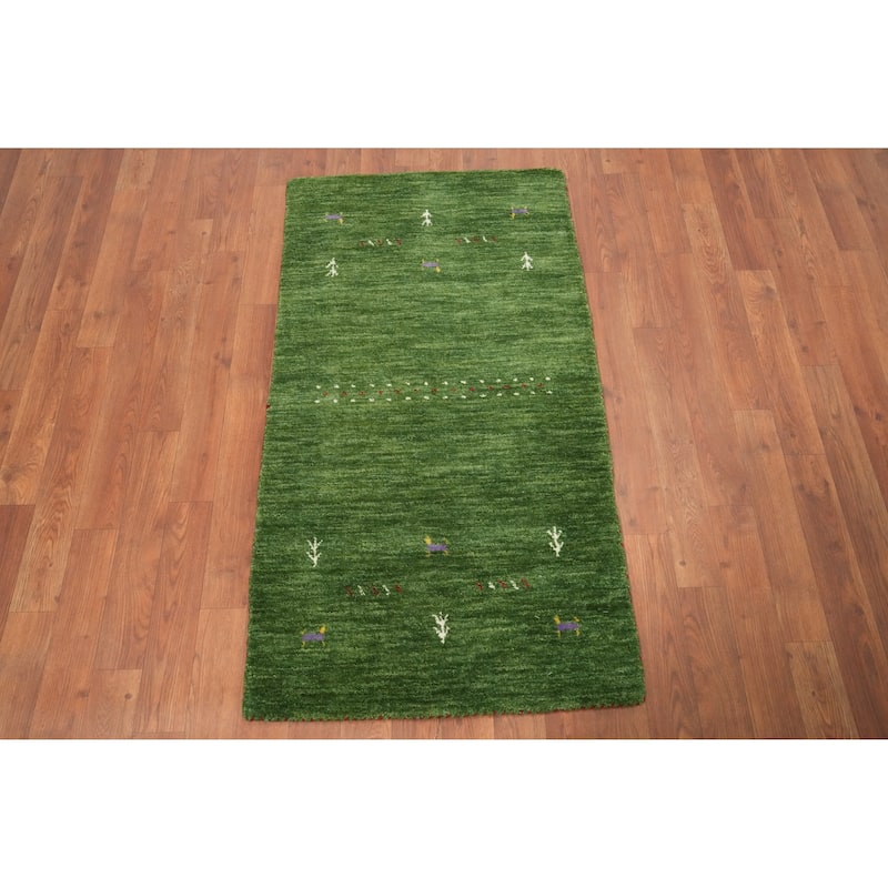 Hand Knotted Oriental 100% Wool Carpet Tribal Animal Pictorial Green Gabbeh Area Rug - 4' 0'' X 2' 2''
