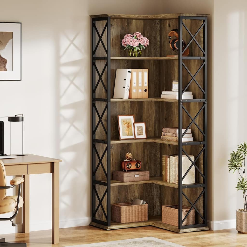 71 Inch Tall Corner Shelf, 5-Tier Industrial Corner Bookshelf, Wood and Metal L-Shaped Bookcase with Baffle