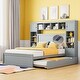 preview thumbnail 17 of 92, Platform Bed with All-in-One Cabinet & Sockets, Wooden Slats Support Bed Frame with 2 Drawers & Trundle-No Box Spring Required Gray - Full