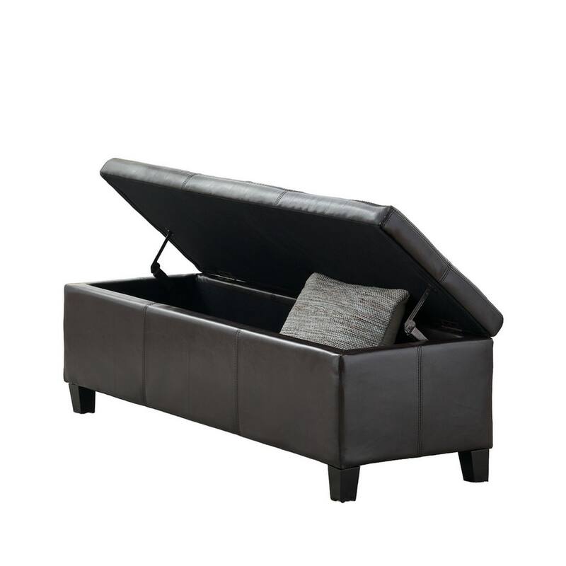 Elias Storage Ottoman Bench, Detailed Brown Faux Leather, 51 Inch