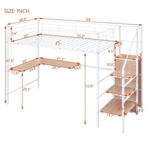 dimension image slide 1 of 2, Twin Loft Bed with Desk, Wardrobe, and Storage Stairs for Small Spaces