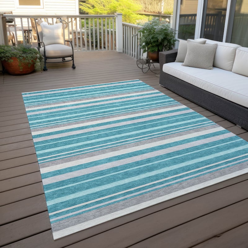 Machine Washable Indoor/ Outdoor Chantille Contemporary Stripes Rug - Teal - 10' x 14'