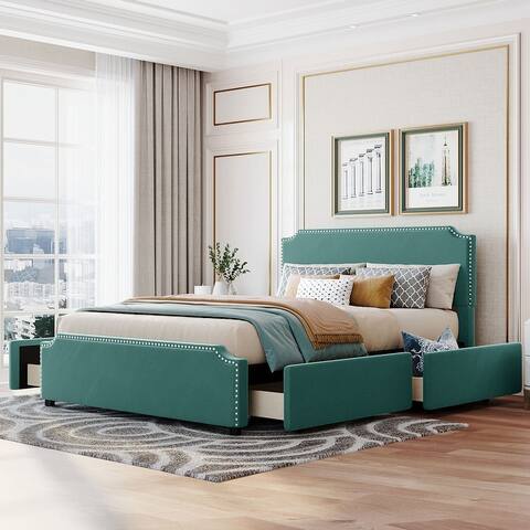 Queen Size Velvet Upholstered Platform Bed with Stud Trim Headboard, Footboard and Drawers