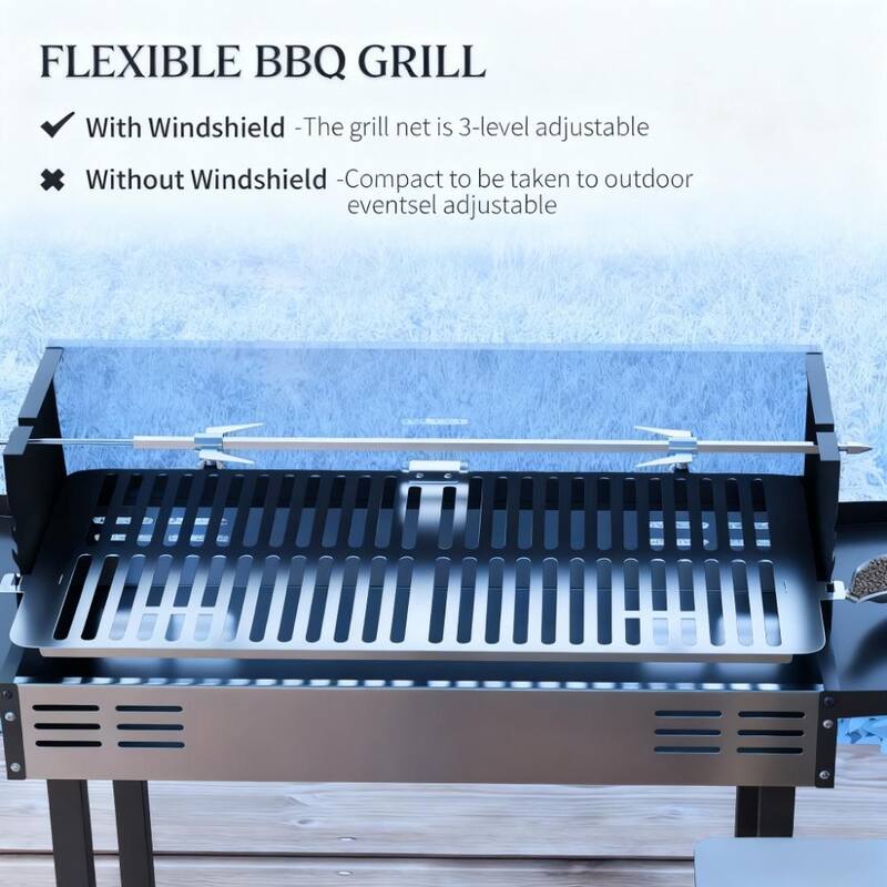 GDFStudio - Stainless Steel 2-in-1 Charcoal Rotisserie Grill with Shelves
