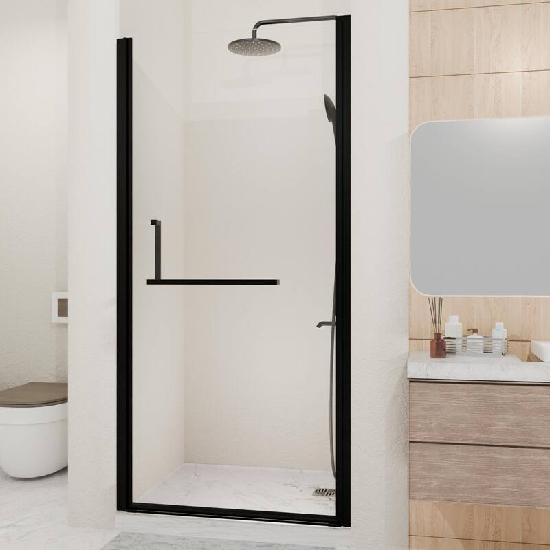 GDFStudio - Nolan Semi-Frameless Pivot Shower Door with Adjustable Fit and Tempered Glass for Modern Bathrooms - Matte Black