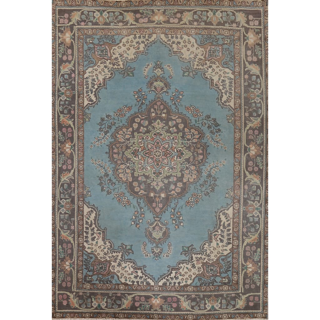 Light Blue Tabriz Vintage Persian Area Rug Handmade Wool Carpet - 6'7" x 9'3"