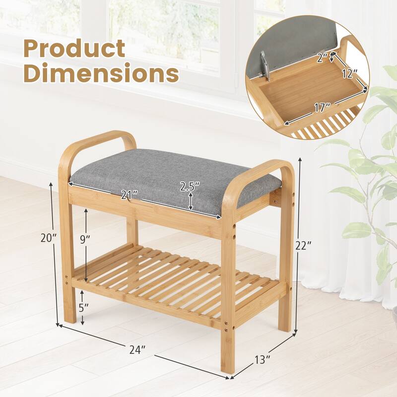 Gymax Shoe Rack Bench Bamboo W/Cushioned Seat&Storage Shelf Padded