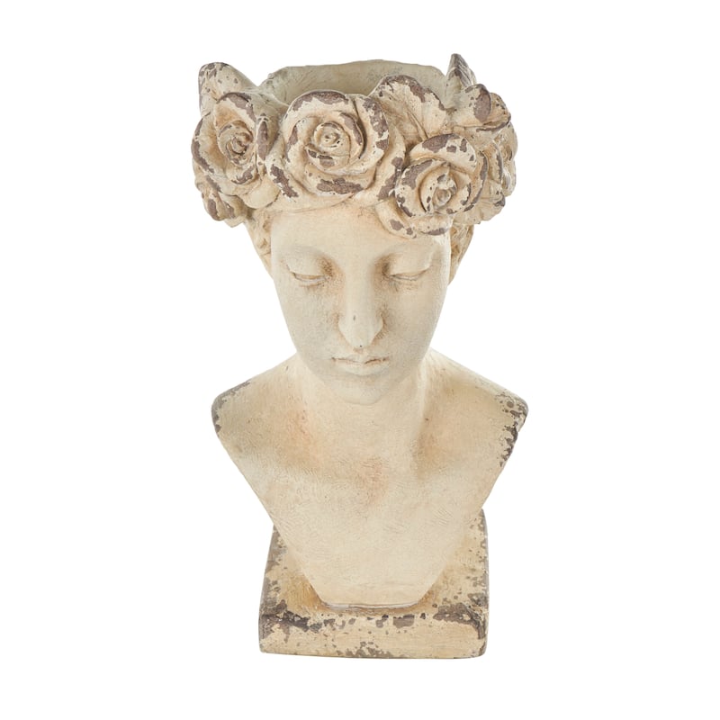Cream Magnesium Oxide Distressed Antique Greek Bust Woman Indoor Outdoor Planter with Floral Accents