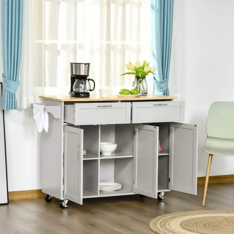 HOMCOM 48" Modern Kitchen Island Cart on Wheels with Storage Drawers, Rolling Utility Cart with Adjustable Shelves, Cabinets