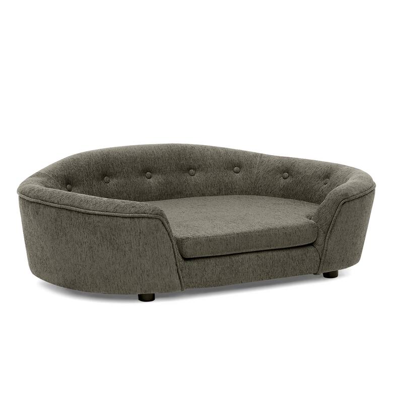 Oval Semi-Enclosed Dog Sofa, Durable Linen Material, Button-Tufted Backrest, High-Center Low-Sides Support Plush Comfort-Beige