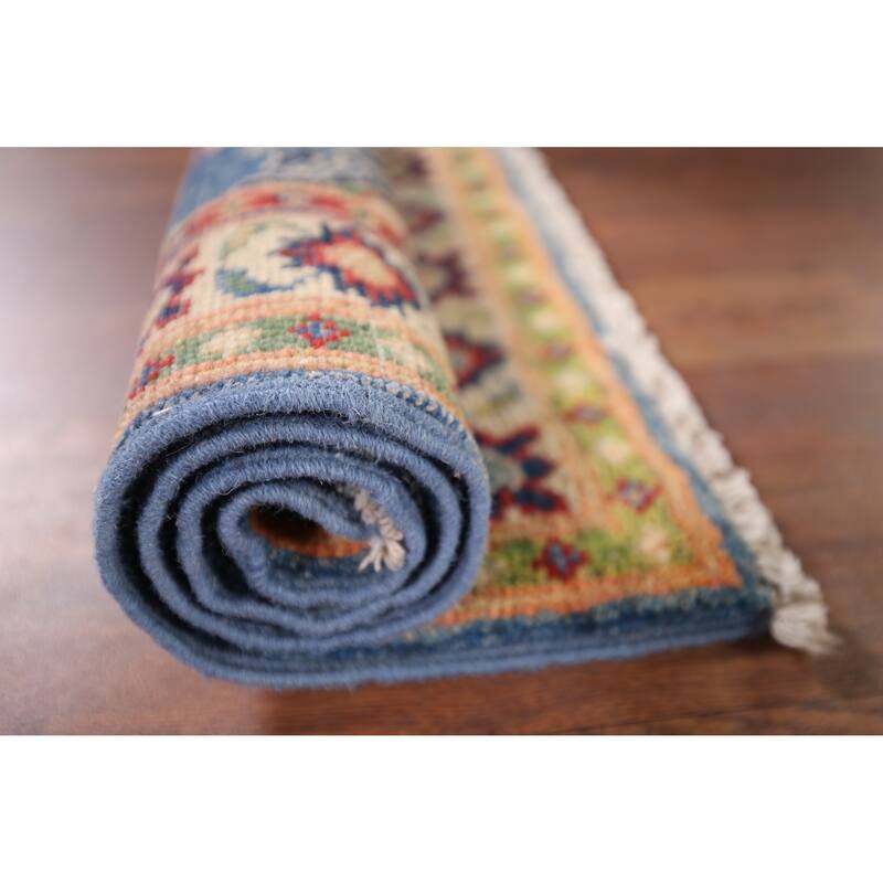Blue Geometric Kazak Rug Handmade Oriental Wool Carpet - 2'1" x 2'10"