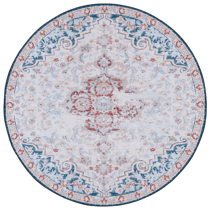 SAFAVIEH Tucson Machine Washable Slip Resistant Harmanda Oriental Medallion - 8' x 8' Round - Beige/Rust - Round