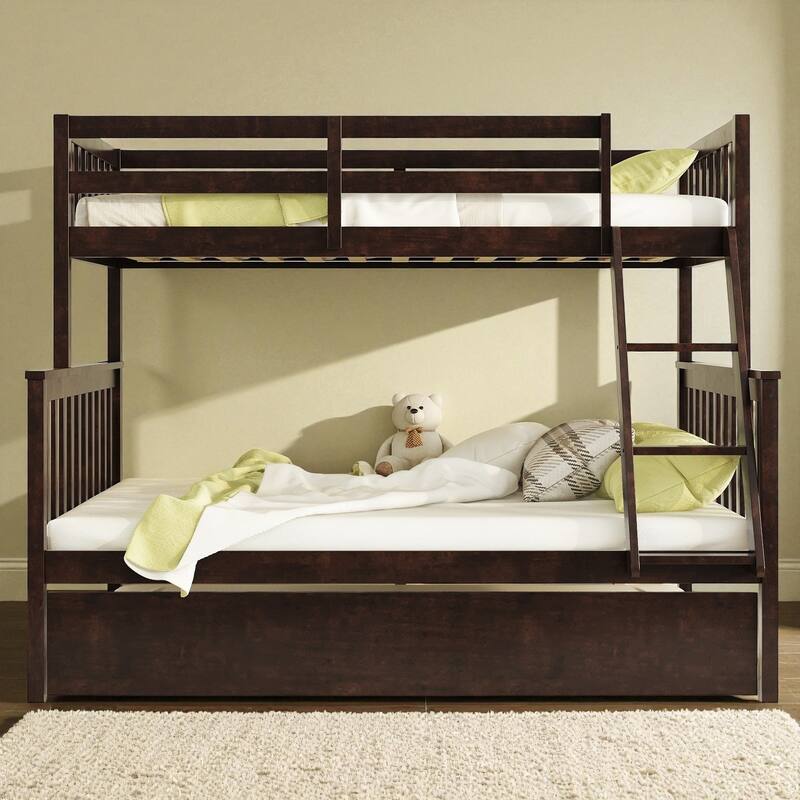 Twin Over Full Rubber Wood Bunk Bed with Twin Trundle, Convertible Ladder, Detachable Design, and Safety Guardrails - Espresso - Full