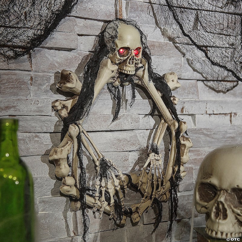 Pre-Lit Battery Operated Skeleton Artificial Halloween Wreath - 16.5" - Red Lights