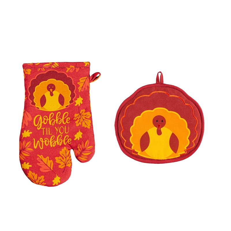 "Gobble till you wobble" Oven Mitt and Turkey Pot Holder Set