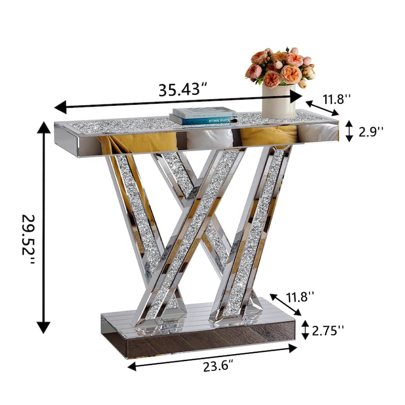 Modern Console Table Silver Entryway Table Inlay with Crushed Diamond