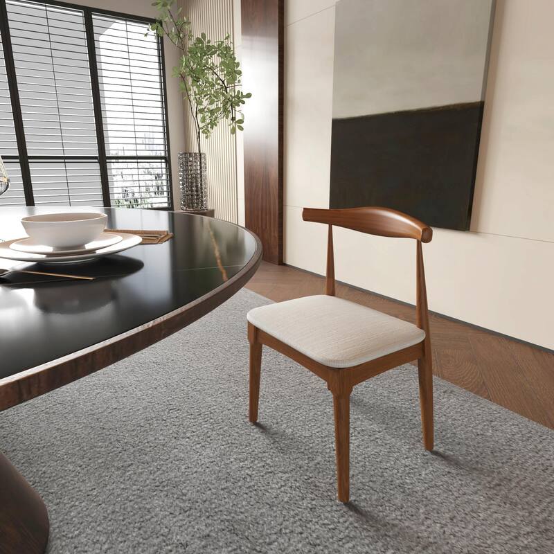 Mid Century Dining Room Chairs Set of 2, Wood and Fabric Upholstered Floor Dining Chairs - Walnut+Light Grey