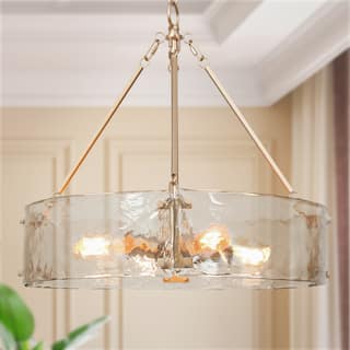 Modern 4-Light Gold Drum Chandelier Textured Glass Pendant Kitchen Island Lights for Dining Room - 19.5" D x 19" H