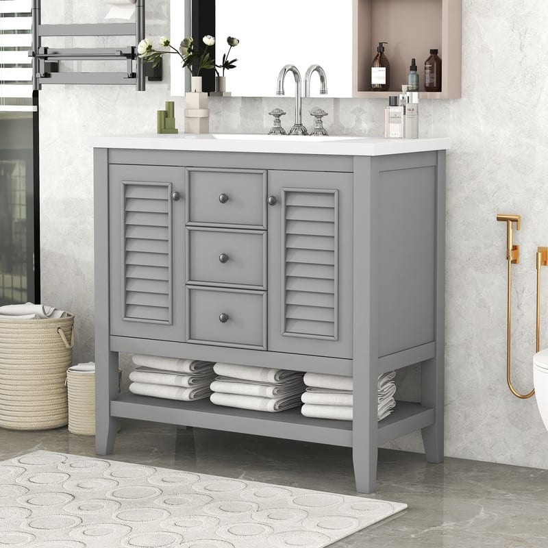36" Bathroom Vanity with/without Sink, Bathroom Vanity Cabinet with 2 Cabinets and Drawers, Open Shelf, Solid Wood Frame