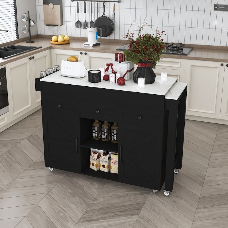 75" Kitchen Island with Extendable Table & Power Outlet - Rolling Storage Cart with Marble Top & Cabinet for Dining Room