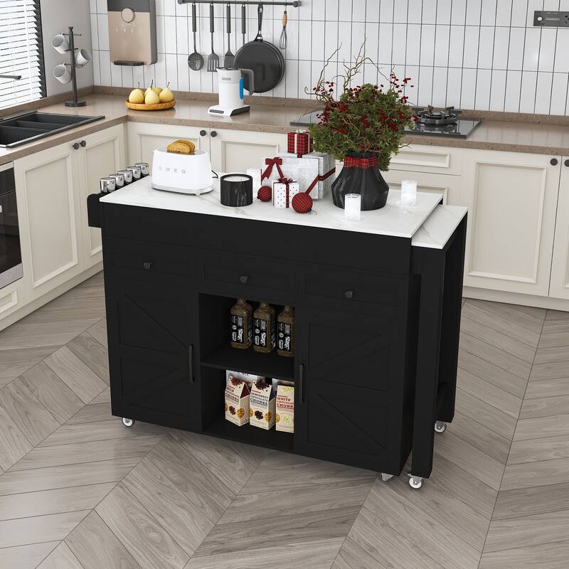 Roomfitters 75 Inch Kitchen Island with Extendable Dining Table, Rolling Kitchen Cart with Power Outlet & Storage Cabinet, Black