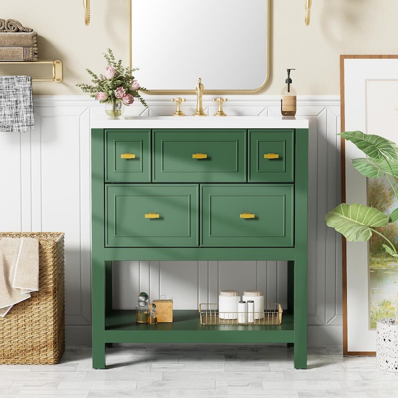 MDF Bathroom Vanity with Free Standing Single Vanity Set with 5 Drawers - 30" x 18" x 33"