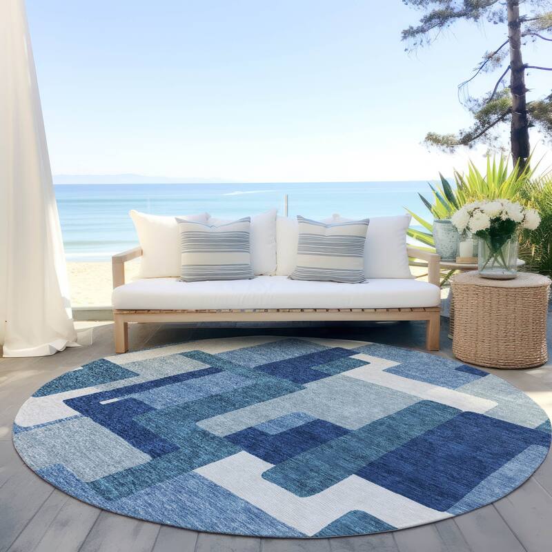 Machine Washable Indoor/ Outdoor Chantille Modern Blocks Rug - Blue - 8' x 8'