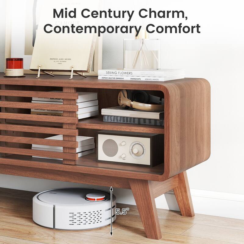 Gymax TV Stand w/Sliding Door Adjustable Shelves & Rubber Wood Legs