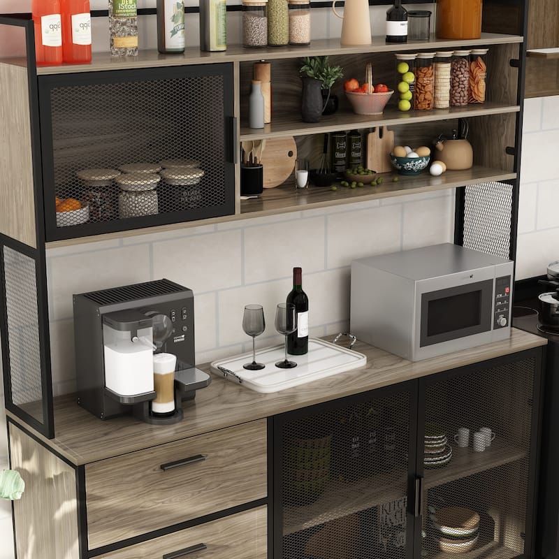 59"W 68.5"H Kitchen Pantry Microwave Storage Cabinet Buffet with Hutch