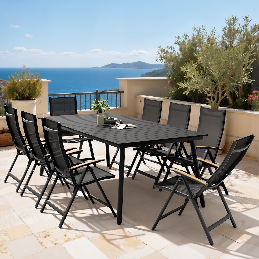 9PC Outdoor Patio Dining Set Aluminum Umbrella Hole Table with Folding Chairs