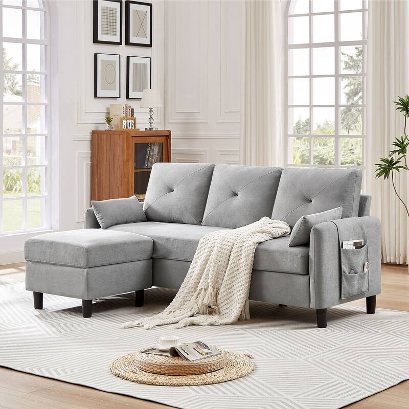 77.36" L Shaped Sectional Sofa with Side Storage Pocket and Reversible Ottoman