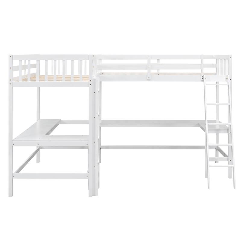 Space-Saving Twin L-Shaped Loft Bed with 2 Built-in Desks, Ladder, and Wooden Slat Support
