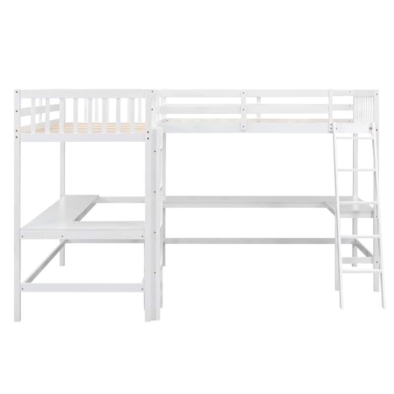 Wood Twin Size L-Shaped Loft Bed w/Ladder, 2 Built-in L-Shaped Desks