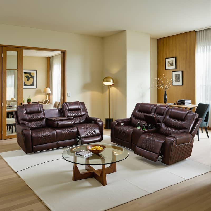 Dark Brown Breathing Leather 3-Piece Couch Recliner Sofa Set
