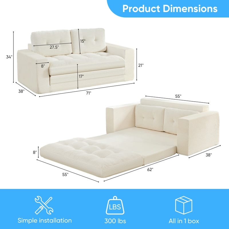 Mixoy 71'' 2-in-1 Convertible Futon Loveseat Sofa Bed,Corded Fabric Foldable Tufted Buttons 2-Seater Sleeper Sofa
