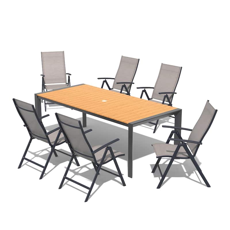 7-Piece Outdoor Aluminum Patio Dining Table with Umbrella Hole and Folding Dining Chair Set