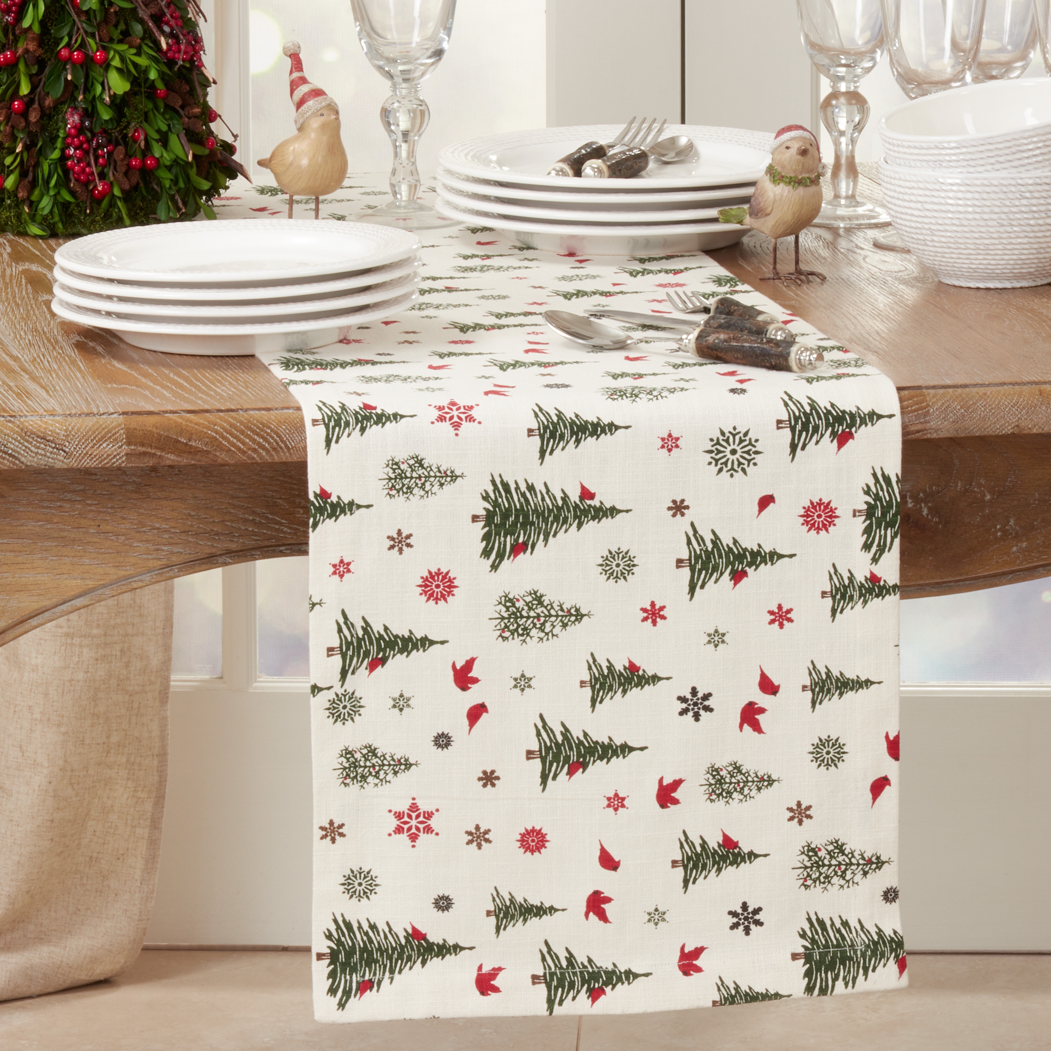 Long Table Runner With Christmas Tree & Snowflakes Design
