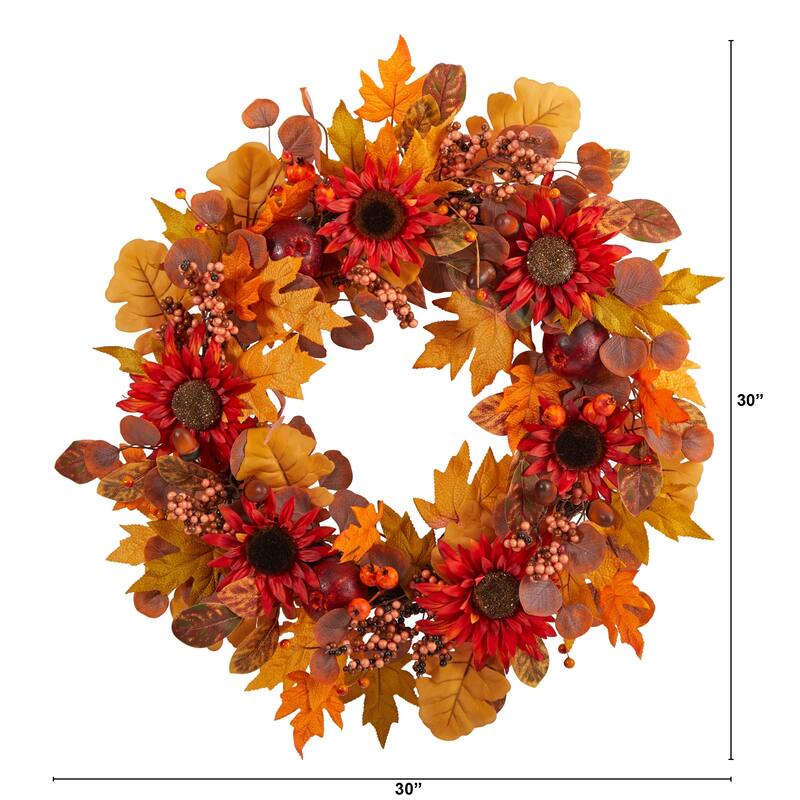 Sunflower and Berries Artificial Fall Harvest Wreath - 30" - Unlit